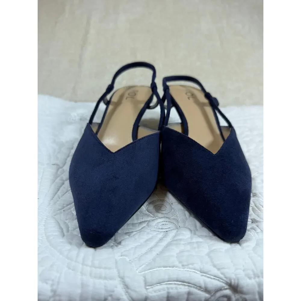 POL Women Blue 8.5 Suede Kitten Heel Slip On Dress Shoes Classic Comfort Pumps